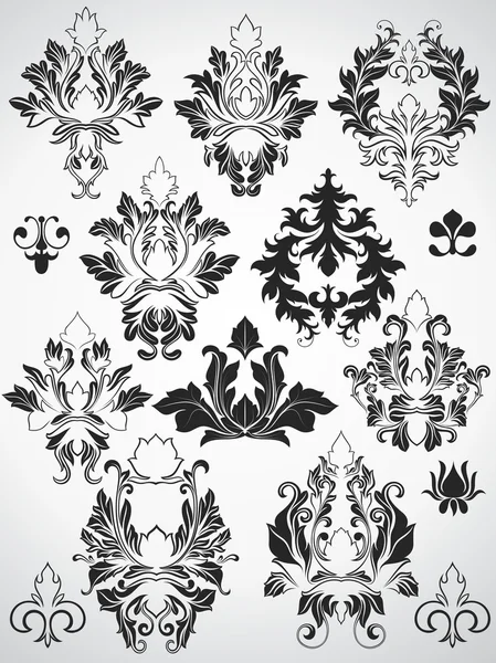 Conjunto de diseños florales de damasco de elegancia — Vector de stock
