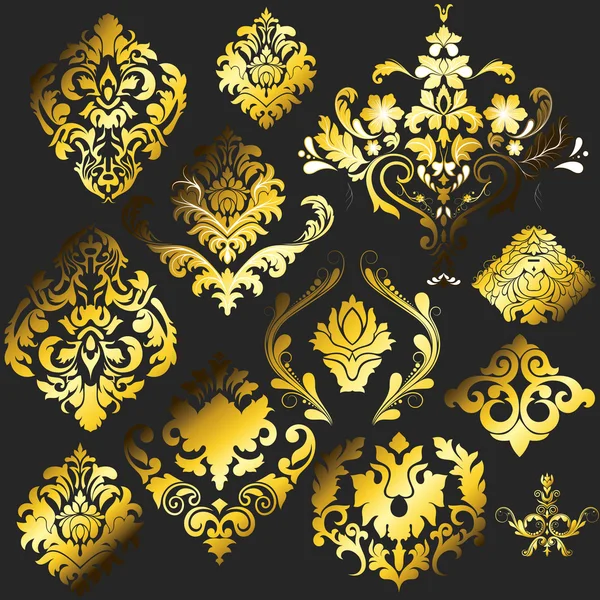 Gyllene utsmyckade damast blommig illustration — Stock vektor