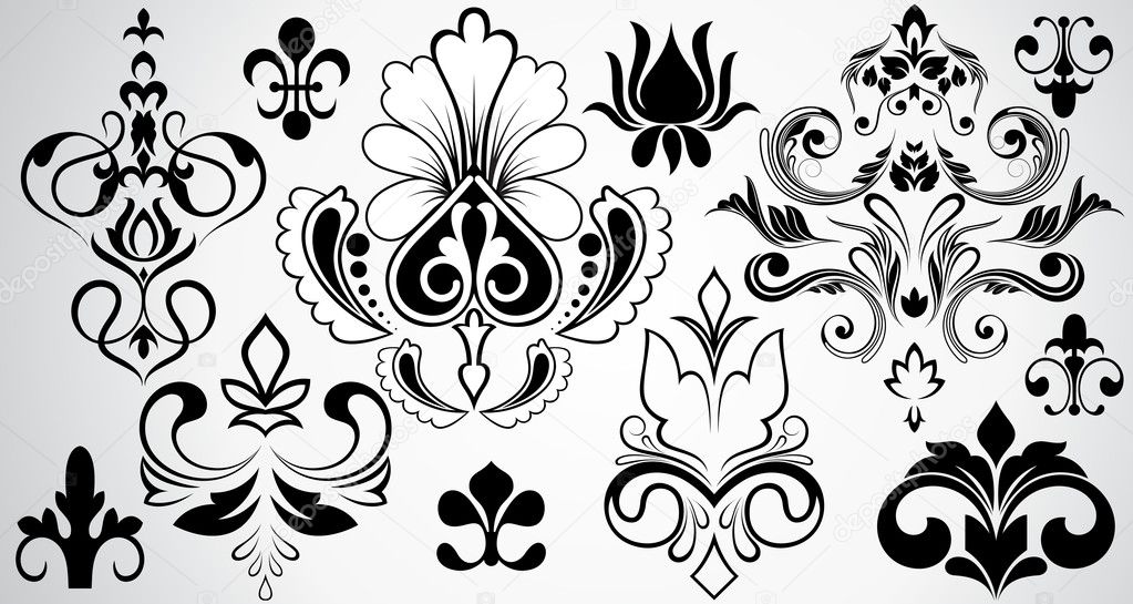 Set Of Decor Design Calligraphic Damask Elements