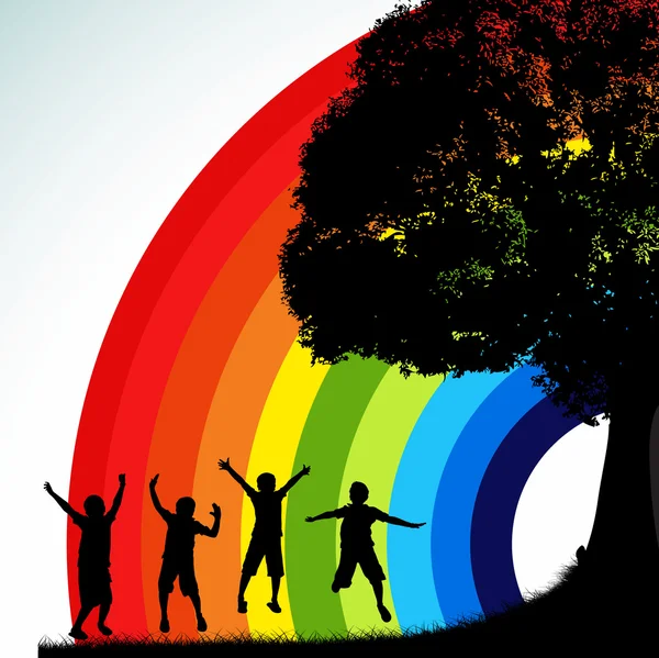 Glückliche Kindersilhouetten und Regenbogen — Stockvektor