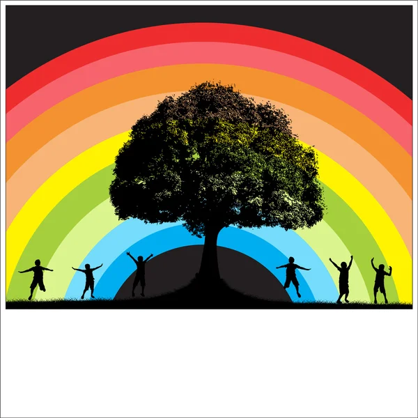 Fundo do arco-íris com feliz crianças silhuetas — Vetor de Stock