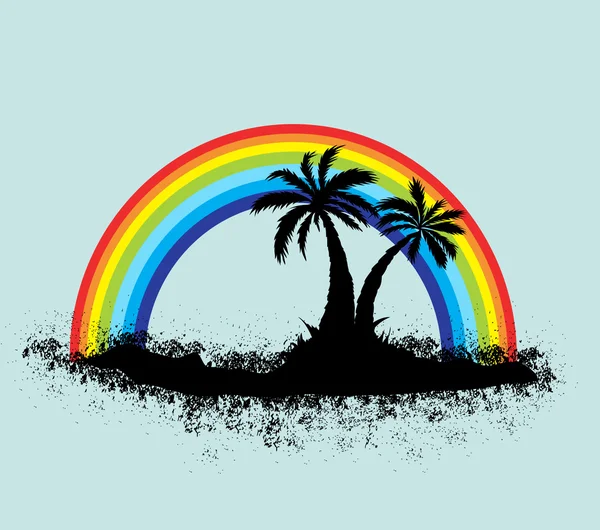 虹の風景とエキゾチックな熱帯ヤシの木 — ストックベクタ