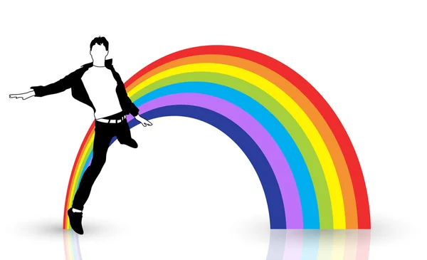 Happy Boy Jumping In Front Of Rainbow — Stock Vector