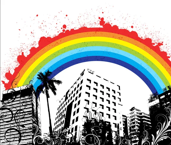 Splashy Rainbow on Urban Skyline — Stock Vector