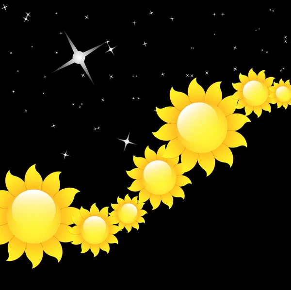 Glänzende Sonnenblumen, die in der Nacht fallen — Stockvektor