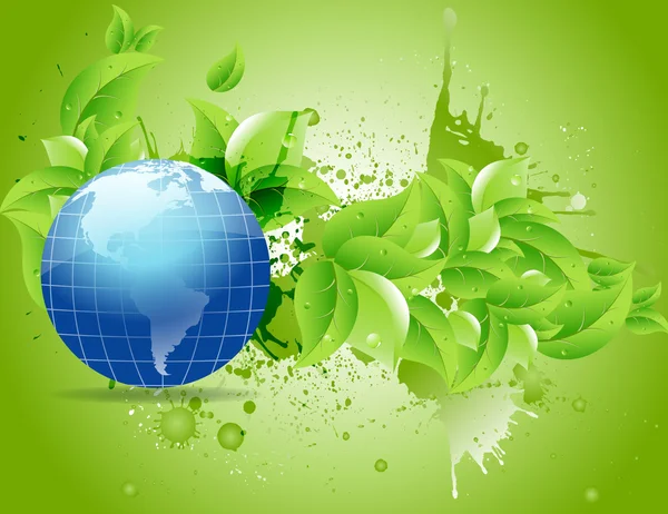 Ecologie aarde op groene bladeren — Stockvector