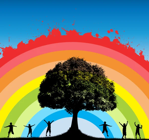 Дубове дерево з щасливими дітьми силуети на блискучій веселці — стоковий вектор