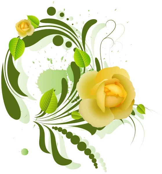 Belle rose gialle su elemento vortice verde — Vettoriale Stock