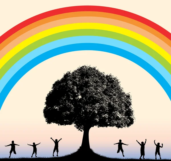 美しい虹の背景で遊ぶ子供たち — ストックベクタ