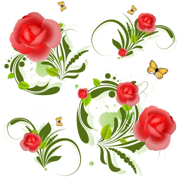 红色玫瑰元素与蝴蝶 — 图库矢量图片