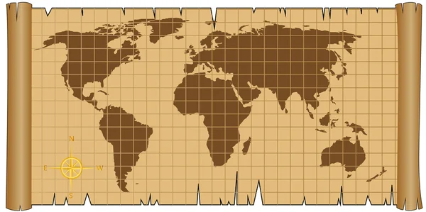 ビンテージ羊皮紙スクロール上の世界地図 — ストックベクタ