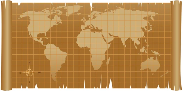 Mapa del mundo sobre papel de pergamino áspero — Vector de stock