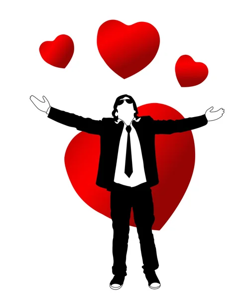 Jeune garçon attrapant les coeurs rouges pour la Saint-Valentin — Image vectorielle