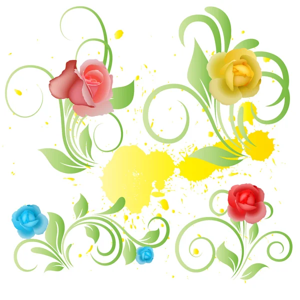 Arte vettoriale degli elementi floreali su spruzzi di vernice gialla — Vettoriale Stock