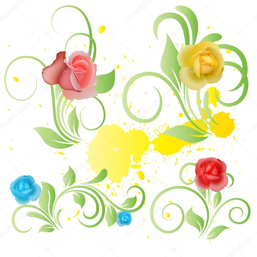 Vector Art of Flower Elements on Yellow Paint Splash