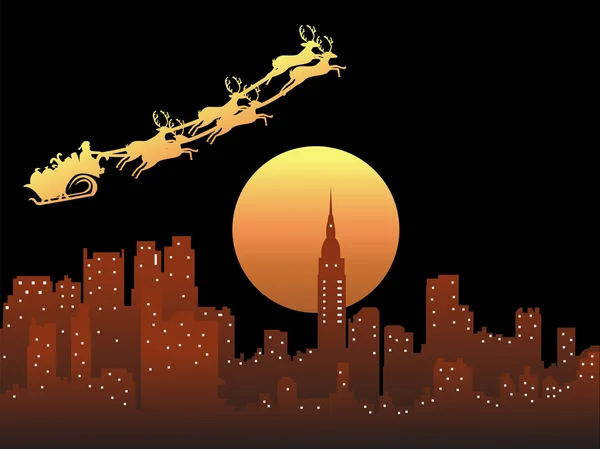 Flying Santa and Reindeer Chariot In Moonlight — Stock Vector