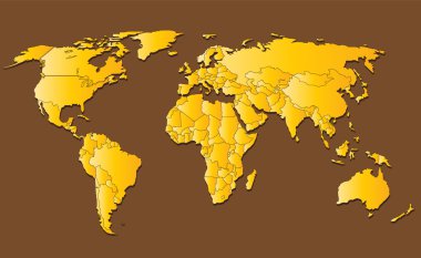 izole kahverengi zemin üzerine sarı Dünya Haritası