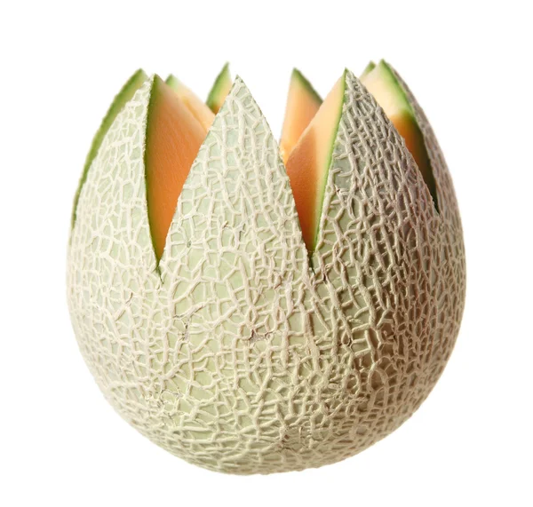 Cantaloupe melon, top cut away in "flower" shape, isolated — Stock Photo, Image