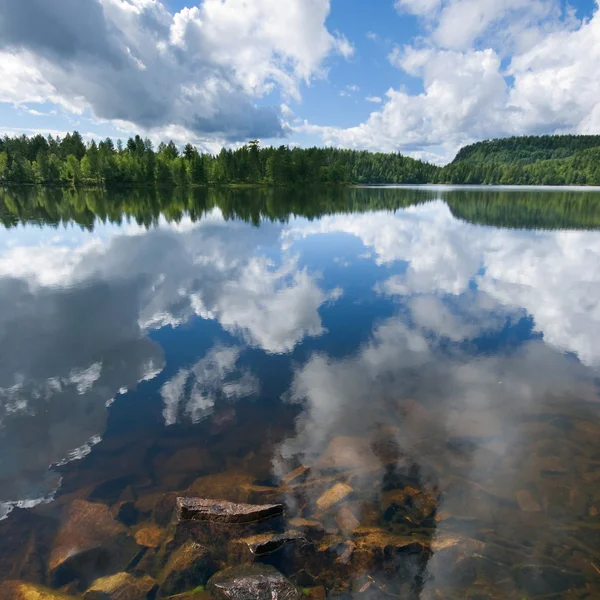 Lago norvegese, pietre dorate, composizione quadrata — Foto Stock