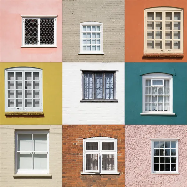 stock image Collection of old window on different colored walls