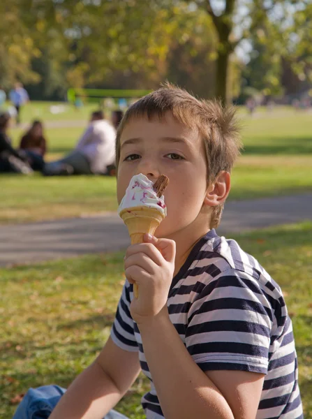 Niño comiendo helado en un parque soleado —  Fotos de Stock