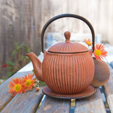 Autumn tea - traditional japanese cast iron teapot, tetsubin, an clipart