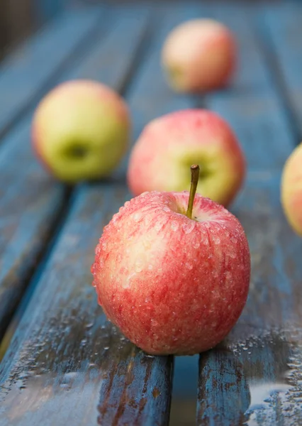Υγρό κόκκινα μήλα σε ένα πίνακα κήπων — Φωτογραφία Αρχείου