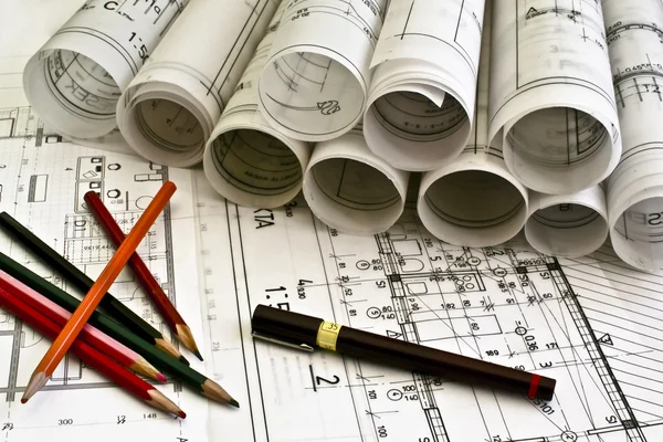 Architect rolls and plans — Stock Photo, Image