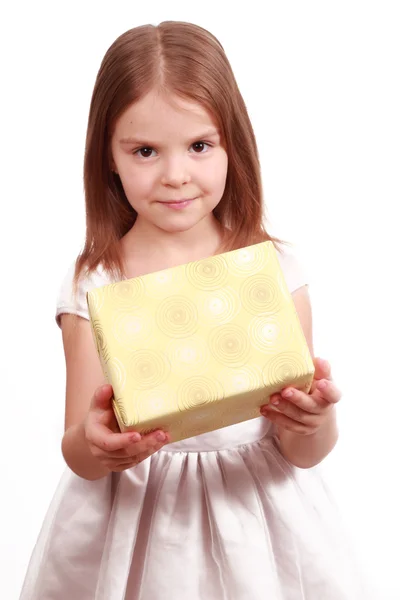 Sweet little girl with present box — Stock Photo, Image