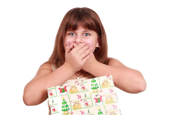 Surprised little girl with present box — Stock Photo, Image