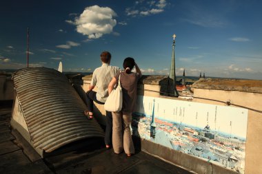 Tourists having an amazing view from a vantage point clipart