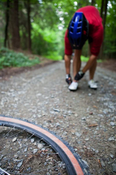 Montanha de bicicleta em uma floresta - motociclistas em uma trilha de bicicleta de floresta (s) — Fotografia de Stock