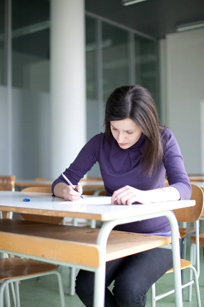 Retrato de una bonita estudiante universitaria que trabaja en un aula — Foto de Stock