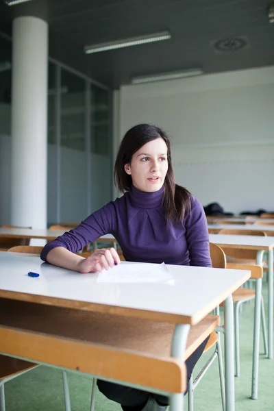 Retrato de um estudante universitário bonito que trabalha em uma sala de aula — Fotografia de Stock
