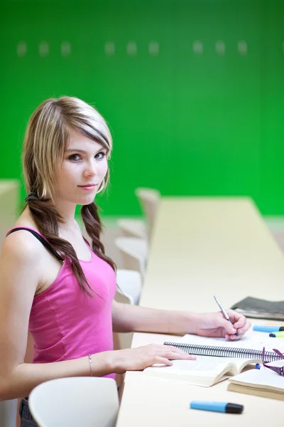Porträt einer hübschen jungen Studentin in einem Klassenzimmer — Stockfoto