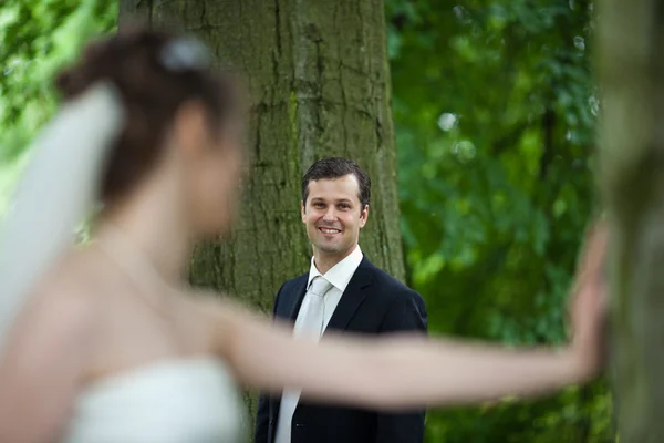 Casal jovem encantador - noivo recém-casado e noiva posando — Fotografia de Stock