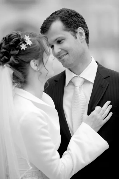Szép fiatal esküvői pár - frissen sze vőlegény és menyasszony pózol — Stock Fotó