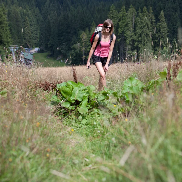Jovem mulher caminhadas ao ar livre (subindo colina ) — Fotografia de Stock