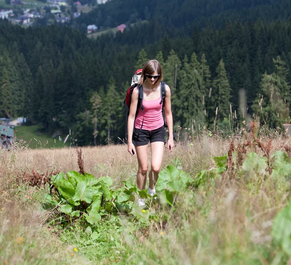 Genç kadın açık havada hiking (yokuş yukarı gitme) — Stok fotoğraf