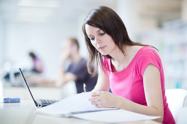 In the library - pretty female student with laptop and books Stock Picture