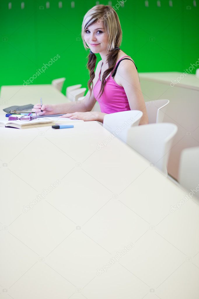 Portrait of a pretty young college student in a classroom