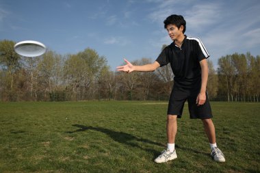 Young man playing frisbee in the park clipart