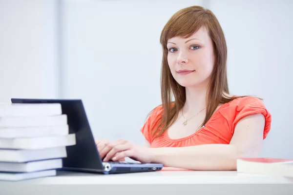 Hübsche junge Studentin / Forscherin, die an einem Laptop arbeitet — Stockfoto