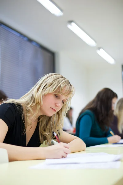 Young pretty female college student sitting in a classroom — Stock Photo, Image