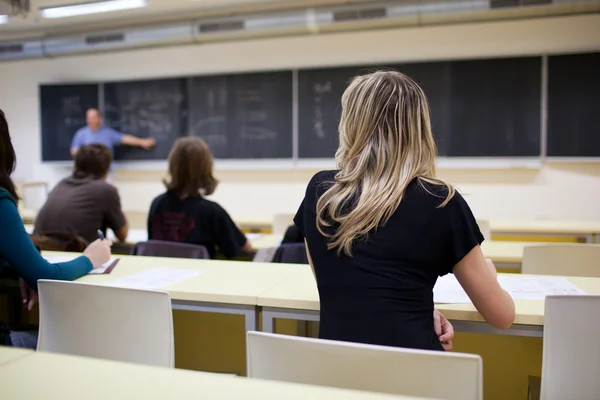 Bir sınıf içinde oturan genç güzel Bayan üniversite öğrencisi — Stok fotoğraf