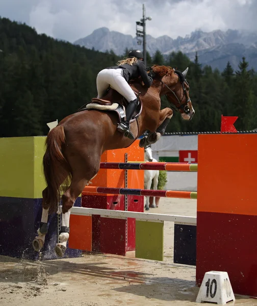 Linda senhora pulando com seu cavalo de garanhão — Fotografia de Stock