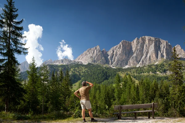 Mann bewundert atemberaubende Berg- / Bergkulisse — Stockfoto
