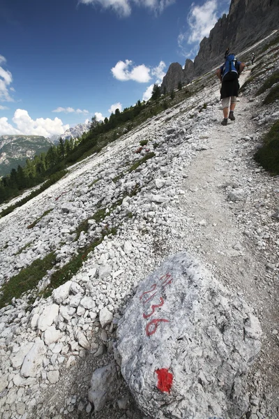 Wandelen - bergop gaan op een parcours van de hking in de Dolomieten — Stockfoto