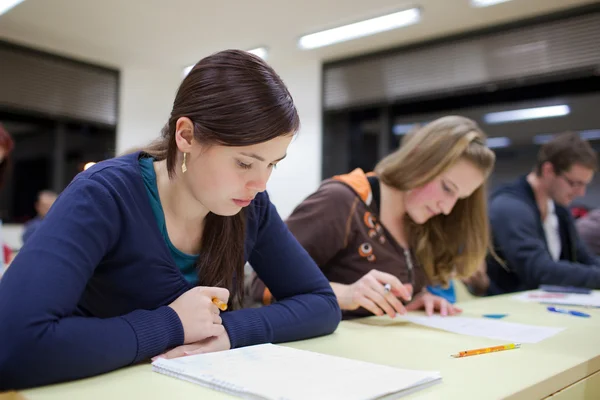 Ganska kvinnliga collegestudent sitter en examen i ett klassrum — Stockfoto