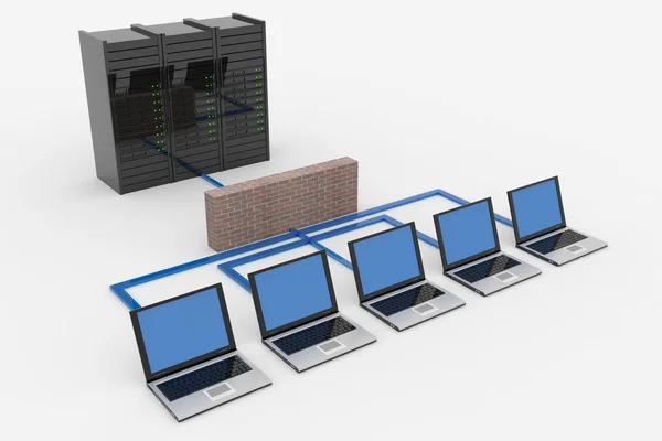 Bilgisayar ağ sunucusu ve güvenlik duvarı ile — Stok fotoğraf